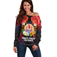 French Polynesia Bastille Day Off Shoulder Sweater Tiare Flower and National Seal Polynesian Pattern LT03 Women Black - Polynesian Pride