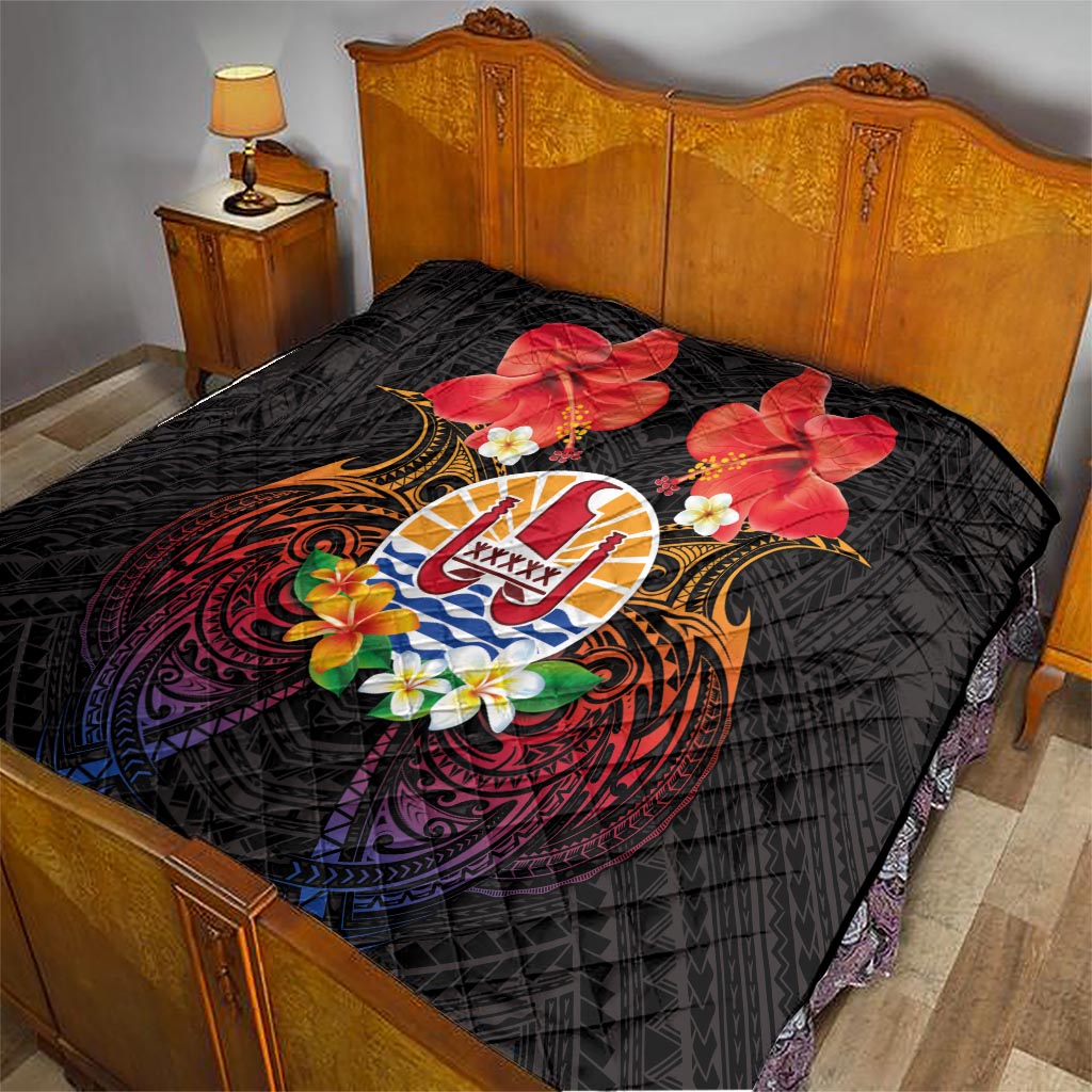 French Polynesia Bastille Day Quilt Tiare Flower and National Seal Polynesian Pattern