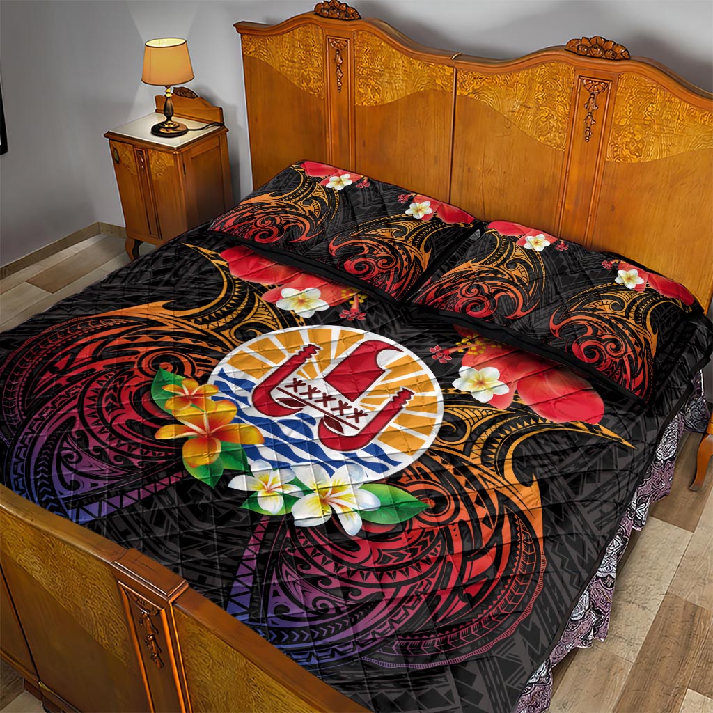 French Polynesia Bastille Day Quilt Bed Set Tiare Flower and National Seal Polynesian Pattern