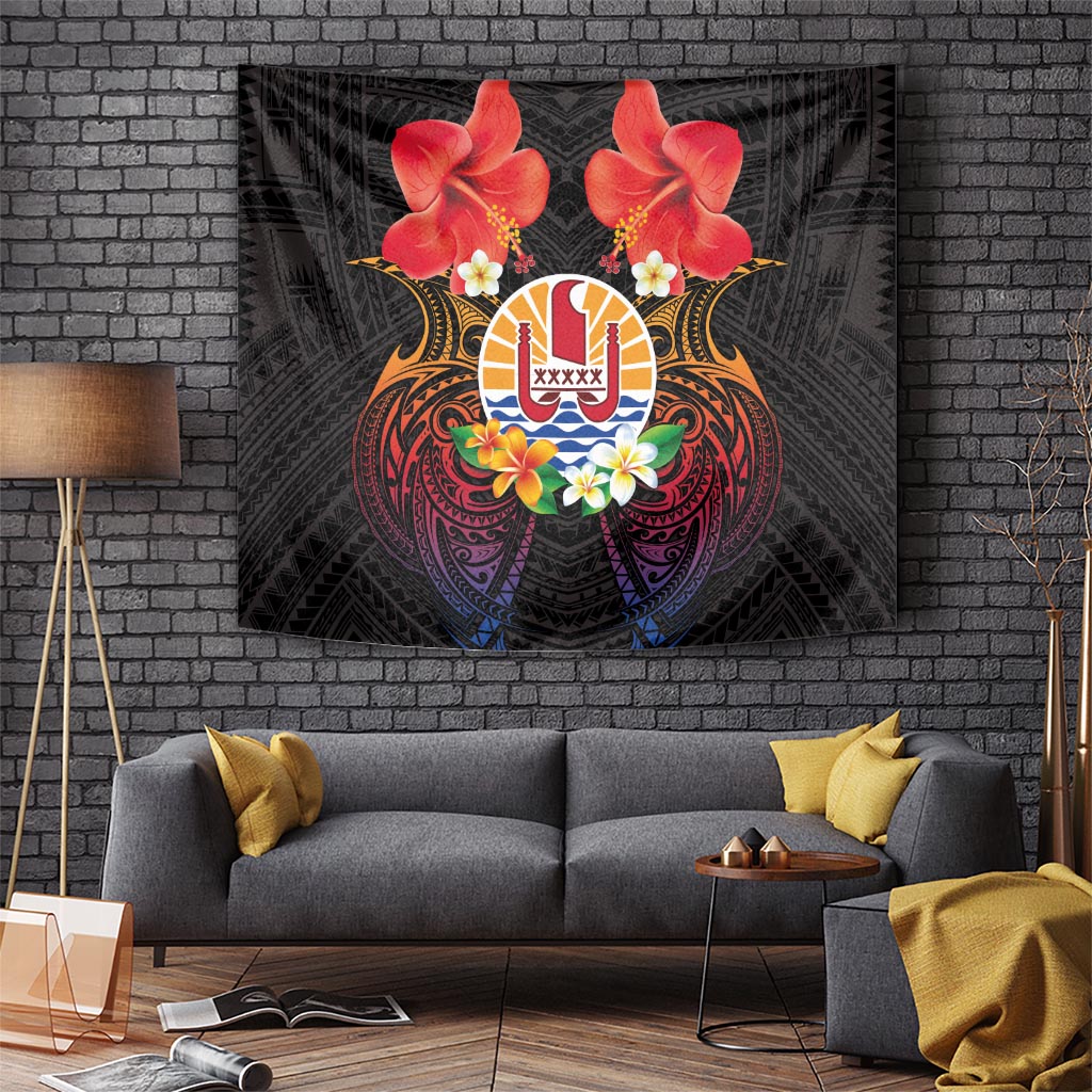 French Polynesia Bastille Day Tapestry Tiare Flower and National Seal Polynesian Pattern