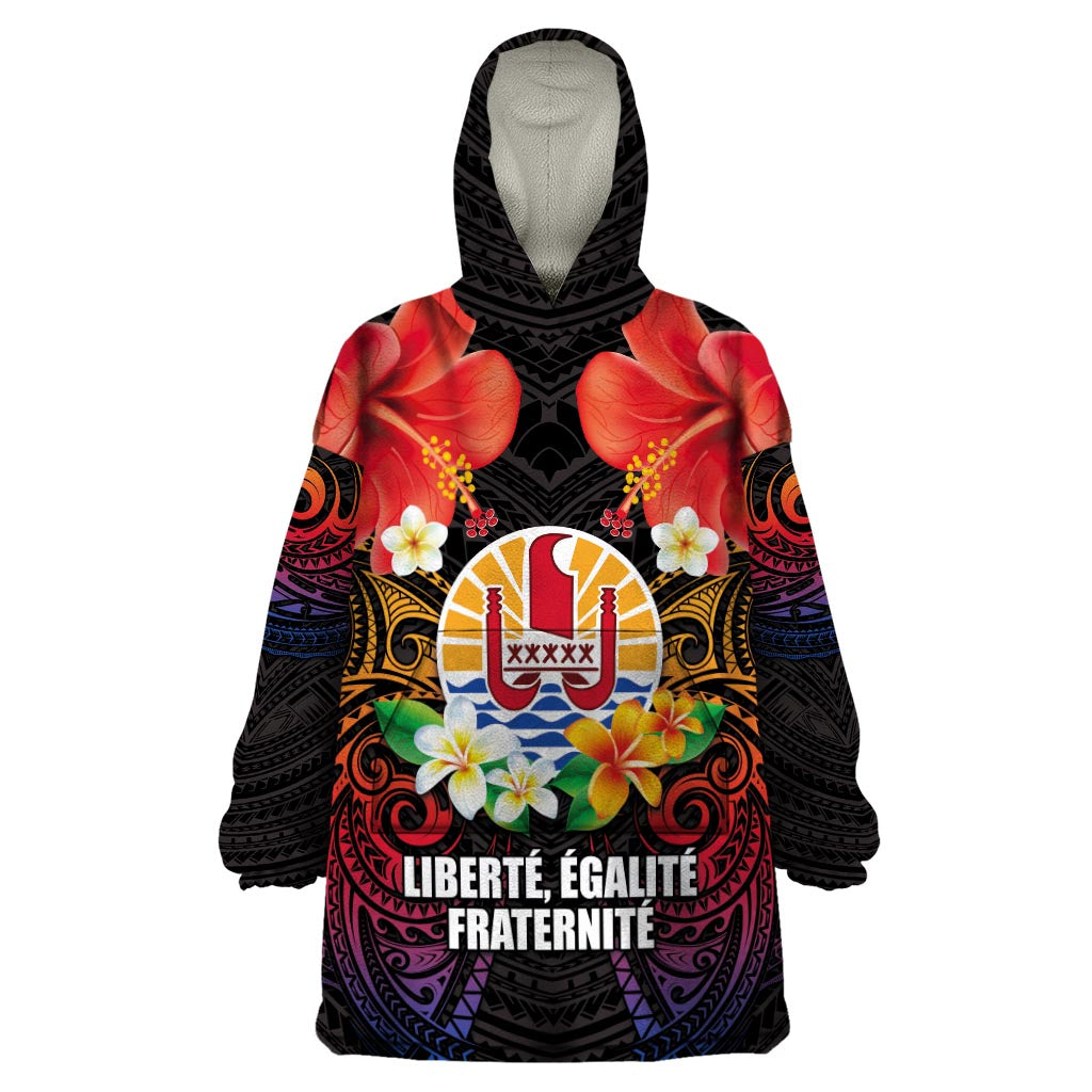 French Polynesia Bastille Day Wearable Blanket Hoodie Tiare Flower and National Seal Polynesian Pattern