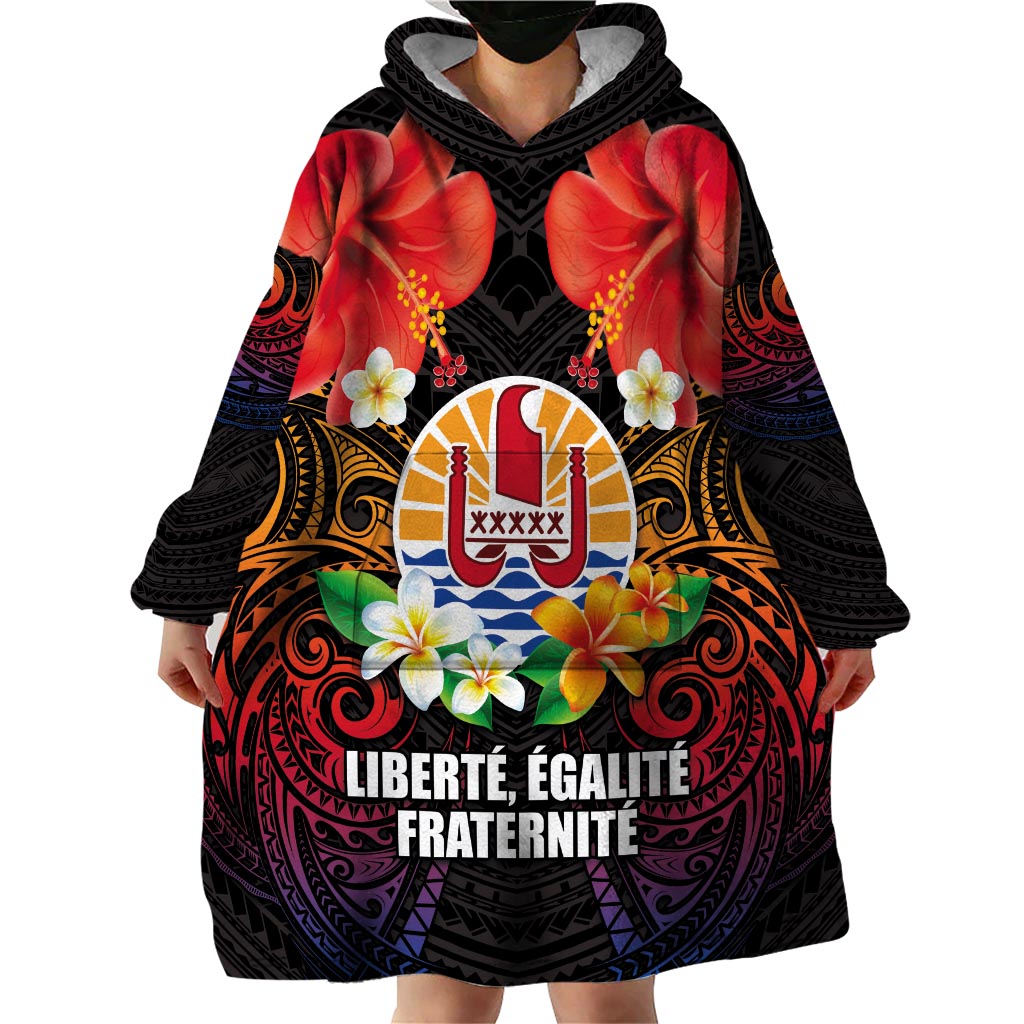 French Polynesia Bastille Day Wearable Blanket Hoodie Tiare Flower and National Seal Polynesian Pattern LT03 - Polynesian Pride
