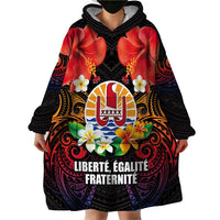 French Polynesia Bastille Day Wearable Blanket Hoodie Tiare Flower and National Seal Polynesian Pattern LT03 - Polynesian Pride