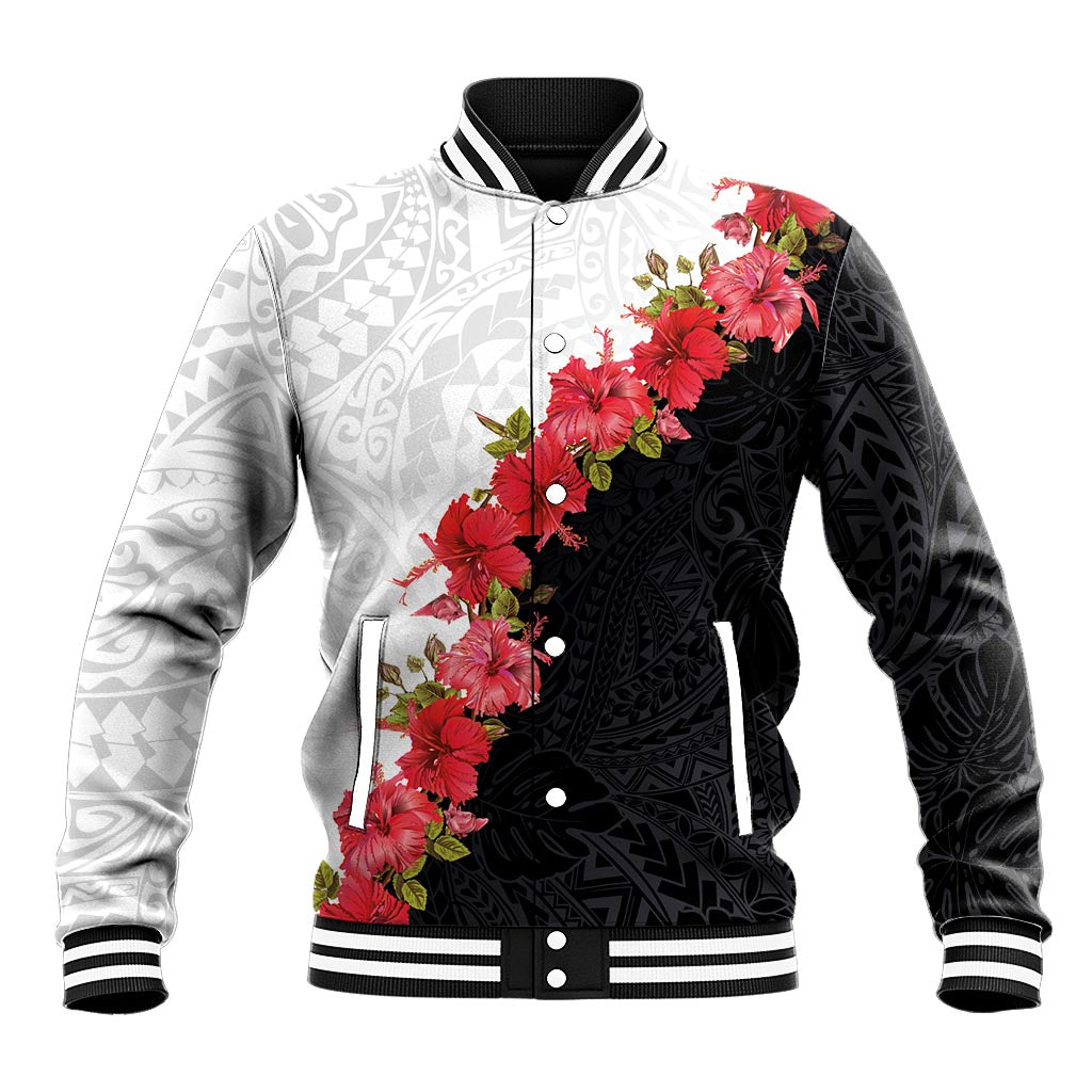 Hawaii Red Hibiscus Flowers Baseball Jacket Polynesian Pattern With Half Black White Version LT03 Unisex Black - Polynesian Pride