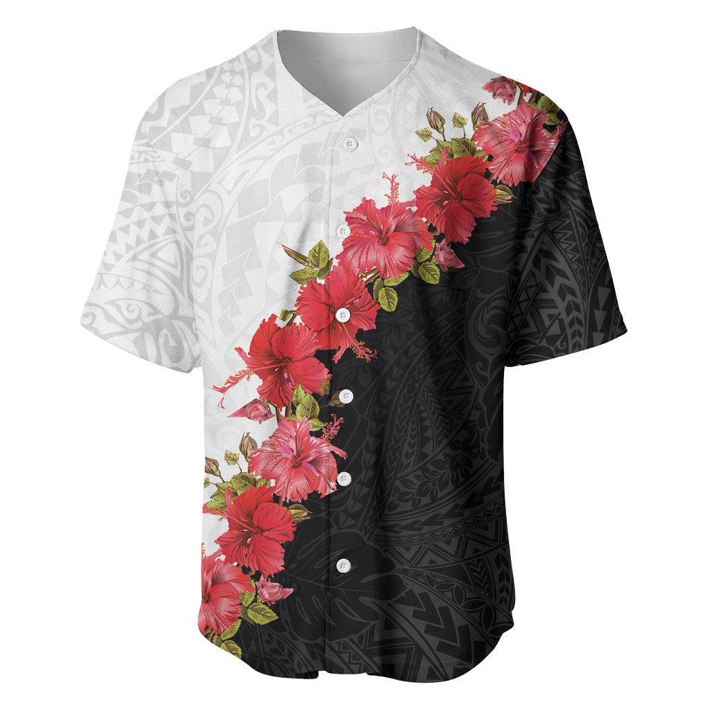 Hawaii Red Hibiscus Flowers Baseball Jersey Polynesian Pattern With Half Black White Version LT03 Black - Polynesian Pride