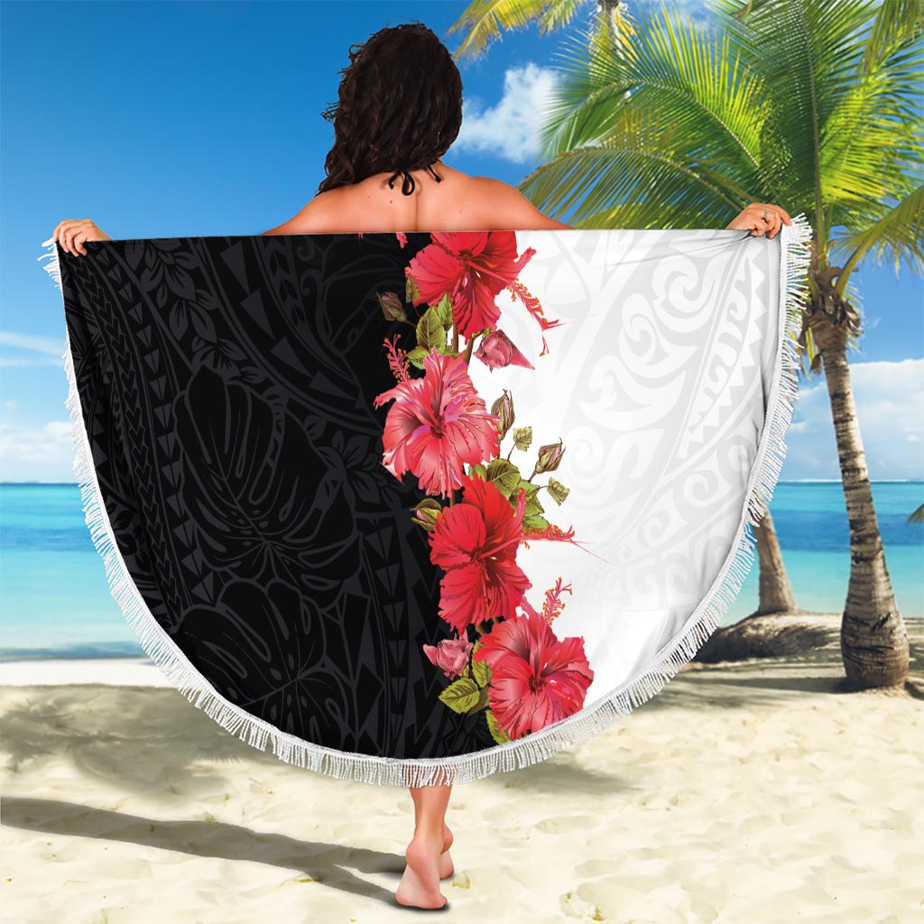 Hawaii Red Hibiscus Flowers Beach Blanket Polynesian Pattern With Half Black White Version