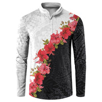 Hawaii Red Hibiscus Flowers Button Sweatshirt Polynesian Pattern With Half Black White Version