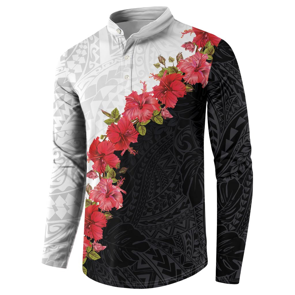 Hawaii Red Hibiscus Flowers Button Sweatshirt Polynesian Pattern With Half Black White Version