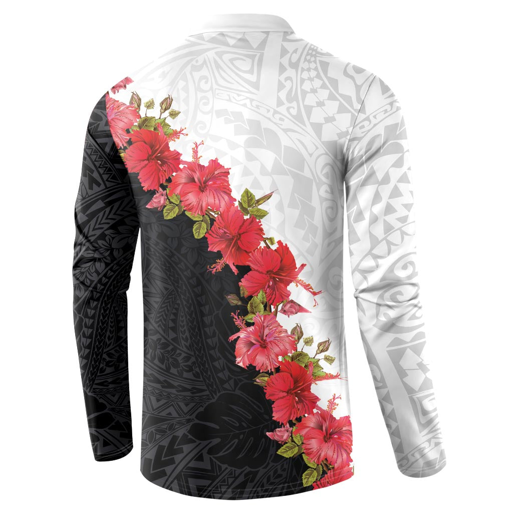 Hawaii Red Hibiscus Flowers Button Sweatshirt Polynesian Pattern With Half Black White Version
