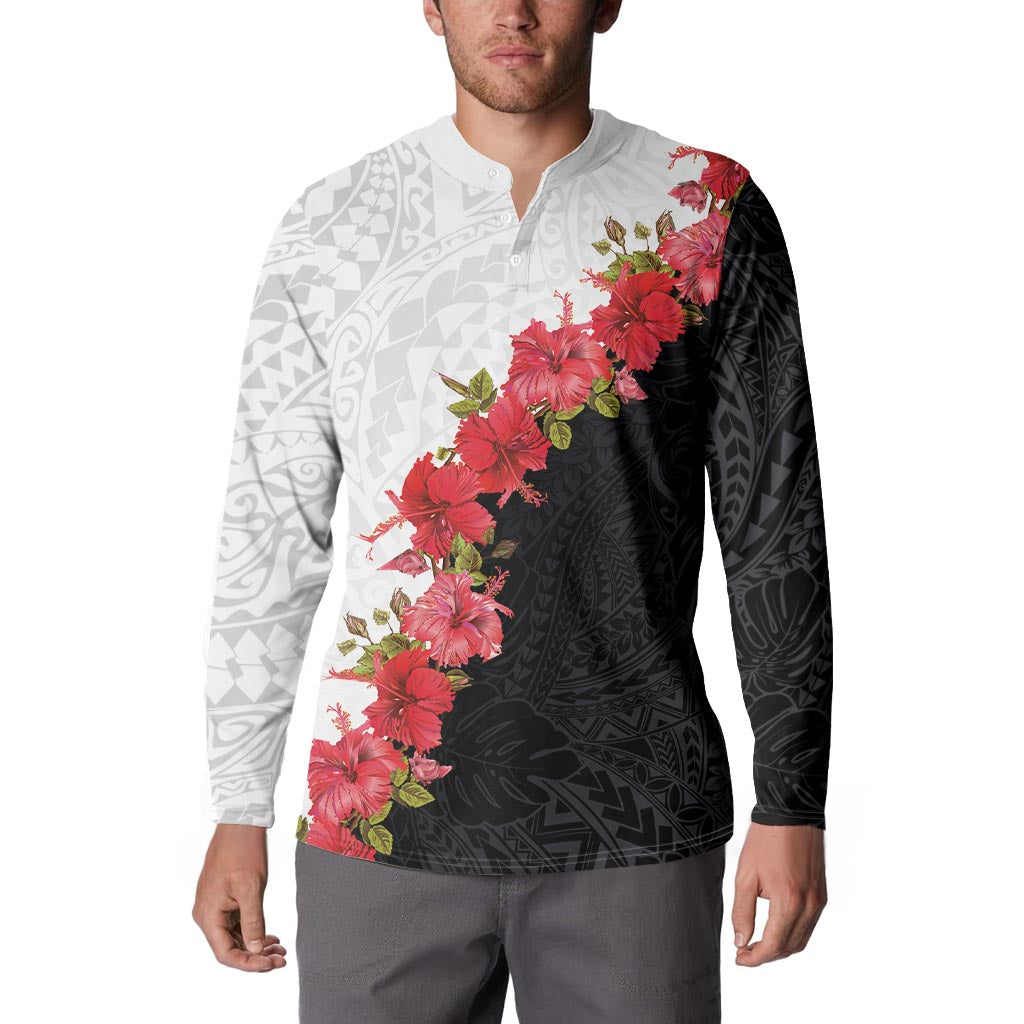 Hawaii Red Hibiscus Flowers Button Sweatshirt Polynesian Pattern With Half Black White Version