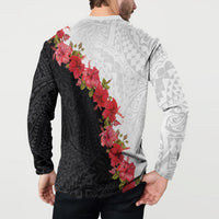 Hawaii Red Hibiscus Flowers Button Sweatshirt Polynesian Pattern With Half Black White Version