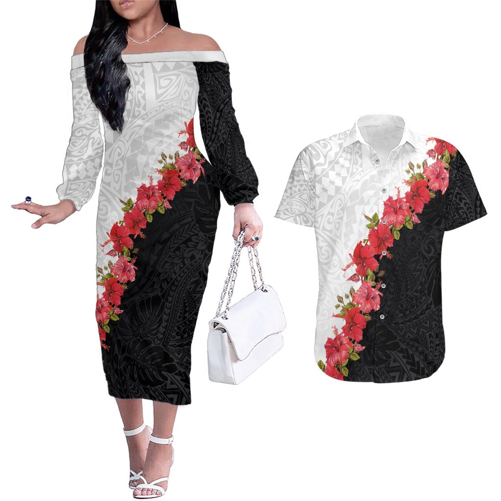 Hawaii Red Hibiscus Flowers Couples Matching Off The Shoulder Long Sleeve Dress and Hawaiian Shirt Polynesian Pattern With Half Black White Version LT03 Black - Polynesian Pride