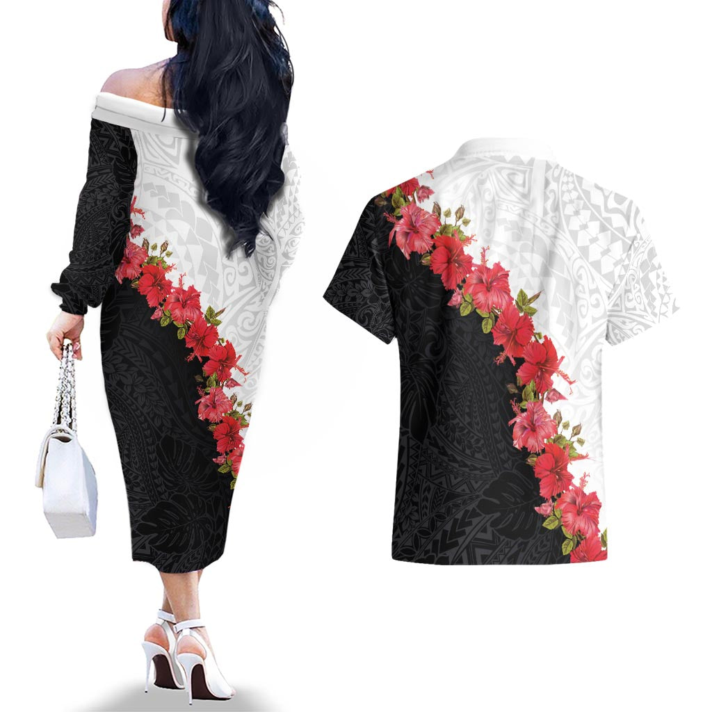 Hawaii Red Hibiscus Flowers Couples Matching Off The Shoulder Long Sleeve Dress and Hawaiian Shirt Polynesian Pattern With Half Black White Version LT03 - Polynesian Pride