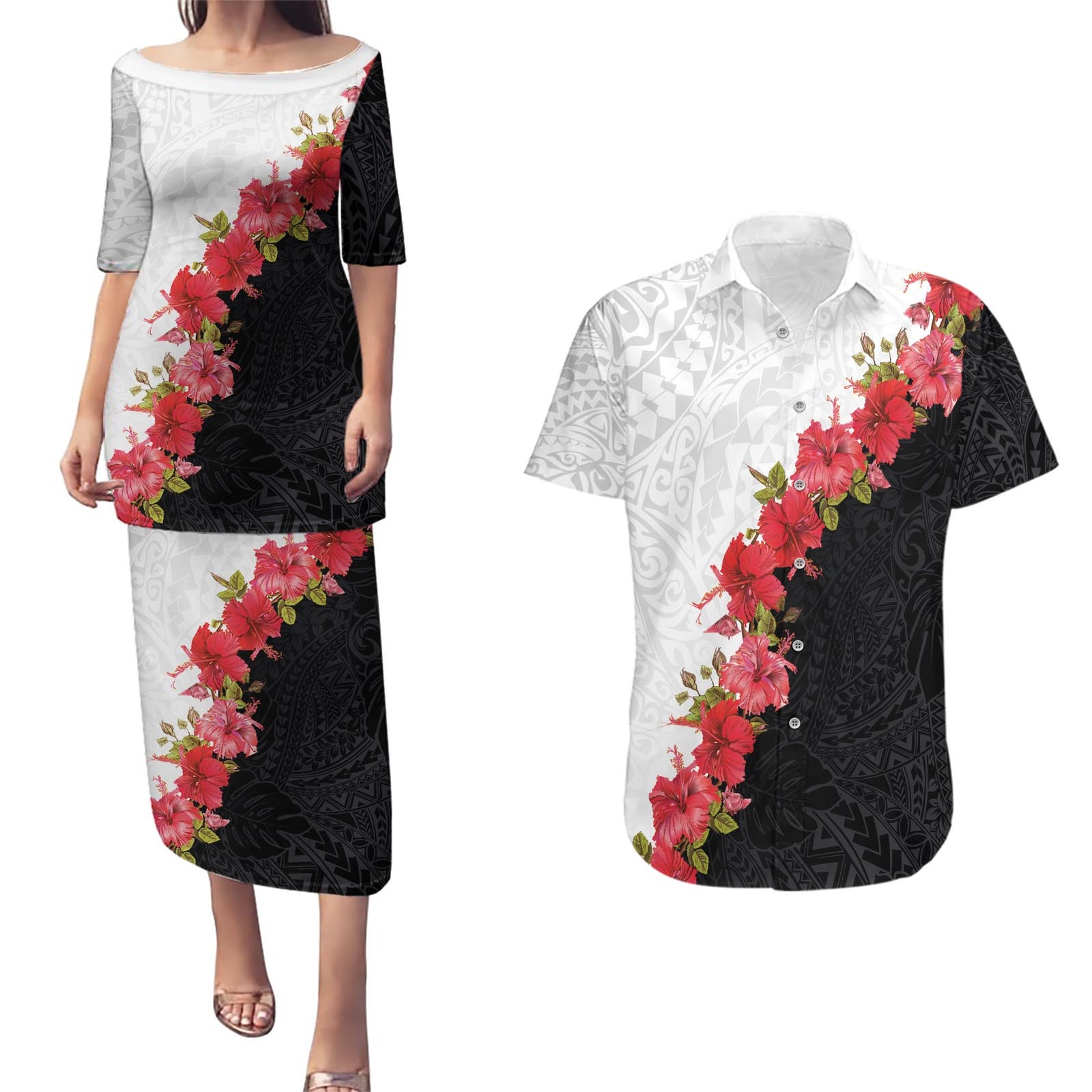 Hawaii Red Hibiscus Flowers Couples Matching Puletasi and Hawaiian Shirt Polynesian Pattern With Half Black White Version