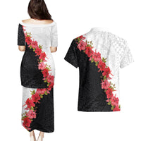 Hawaii Red Hibiscus Flowers Couples Matching Puletasi and Hawaiian Shirt Polynesian Pattern With Half Black White Version LT03 - Polynesian Pride