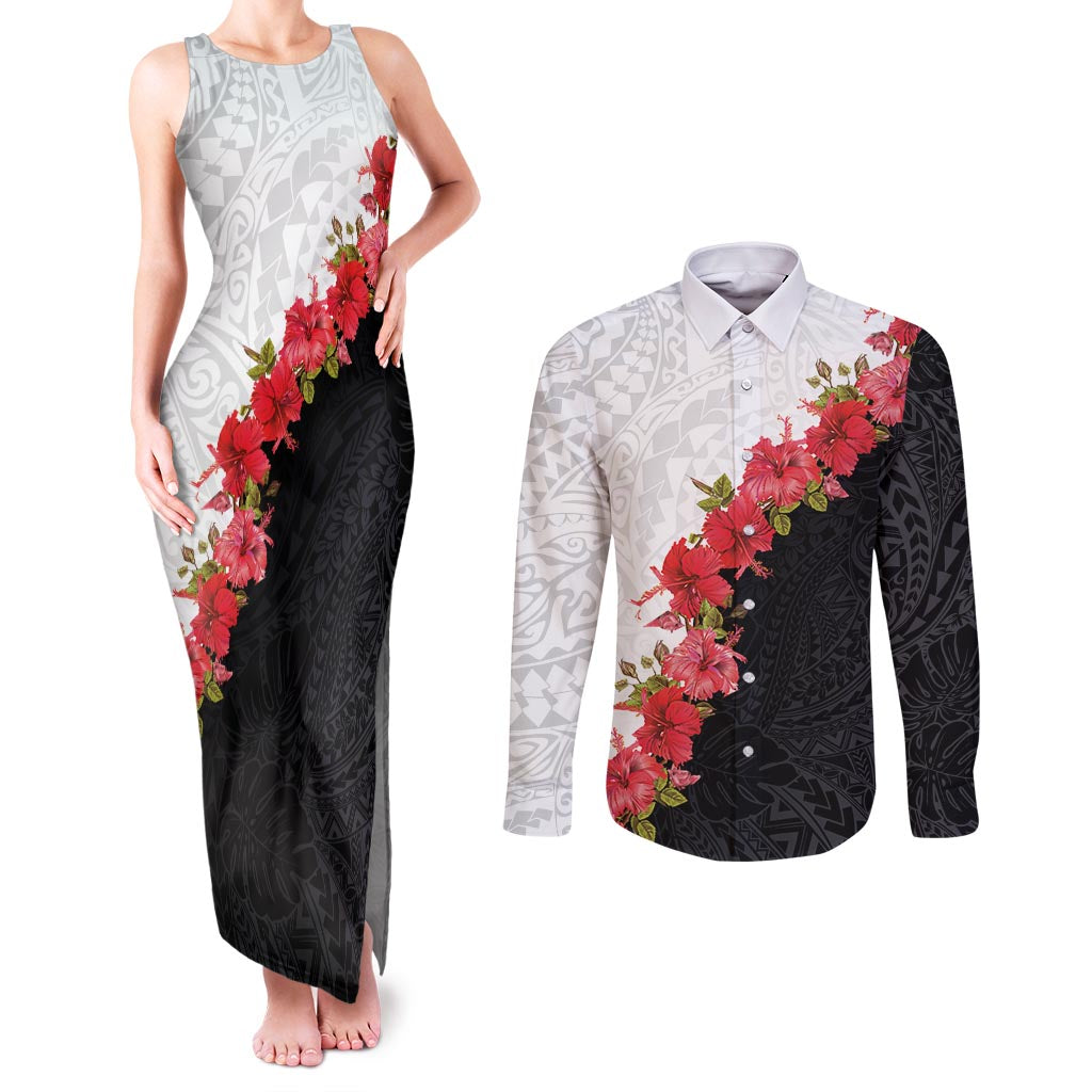 Hawaii Red Hibiscus Flowers Couples Matching Tank Maxi Dress and Long Sleeve Button Shirt Polynesian Pattern With Half Black White Version LT03 Black - Polynesian Pride
