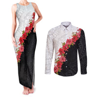 Hawaii Red Hibiscus Flowers Couples Matching Tank Maxi Dress and Long Sleeve Button Shirt Polynesian Pattern With Half Black White Version LT03 Black - Polynesian Pride