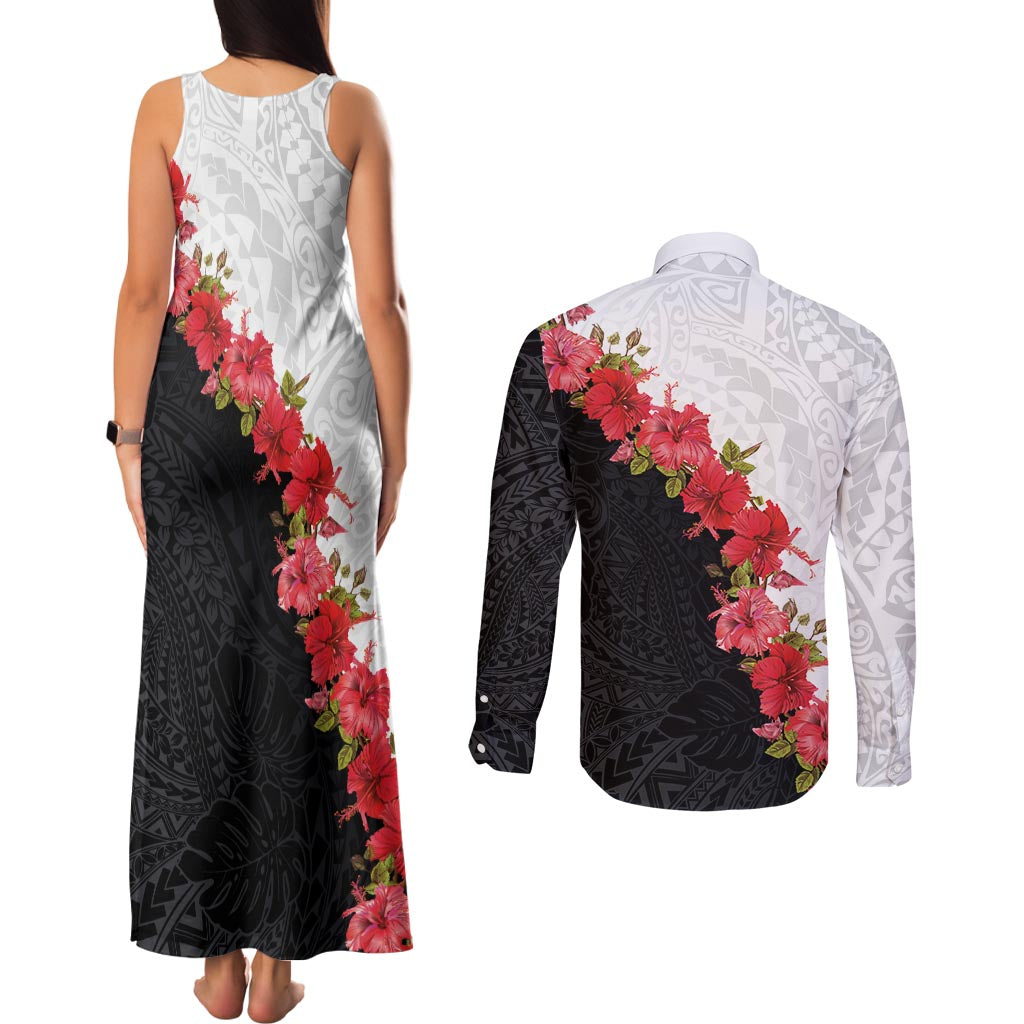 Hawaii Red Hibiscus Flowers Couples Matching Tank Maxi Dress and Long Sleeve Button Shirt Polynesian Pattern With Half Black White Version LT03 - Polynesian Pride