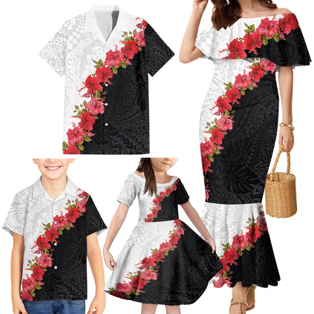 Hawaii Red Hibiscus Flowers Family Matching Mermaid Dress and Hawaiian Shirt Polynesian Pattern With Half Black White Version