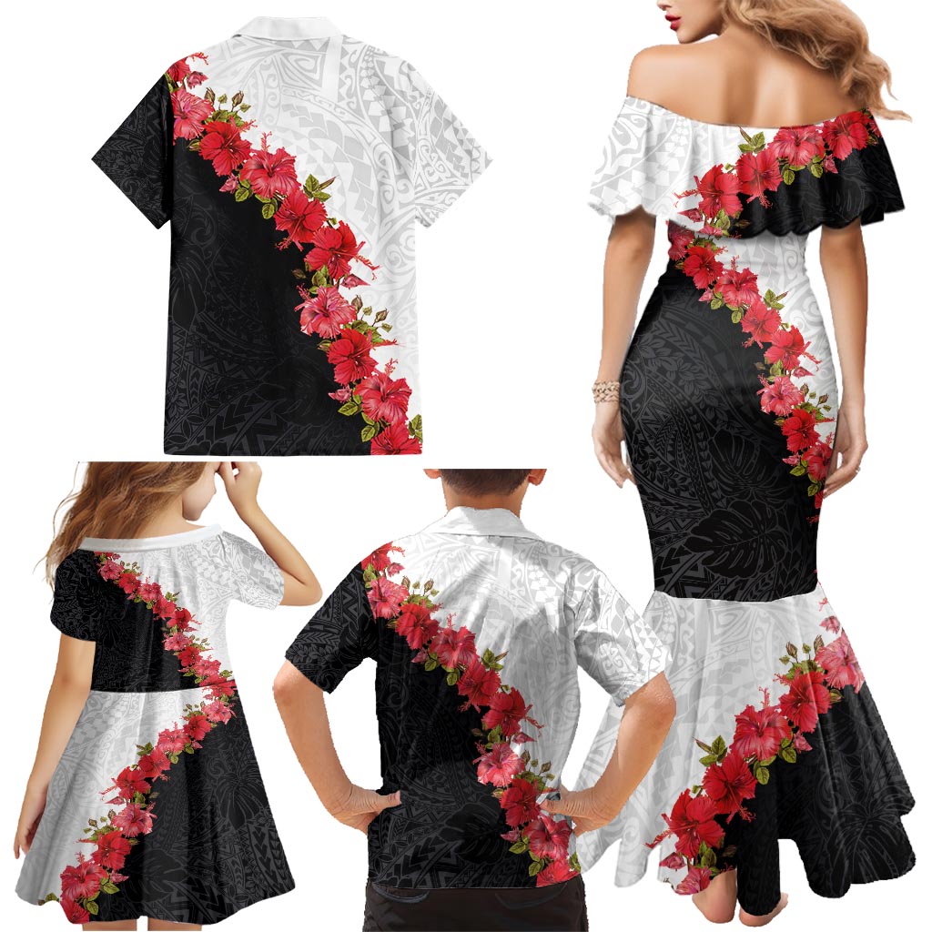 Hawaii Red Hibiscus Flowers Family Matching Mermaid Dress and Hawaiian Shirt Polynesian Pattern With Half Black White Version