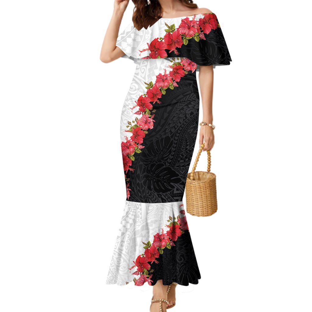 Hawaii Red Hibiscus Flowers Family Matching Mermaid Dress and Hawaiian Shirt Polynesian Pattern With Half Black White Version