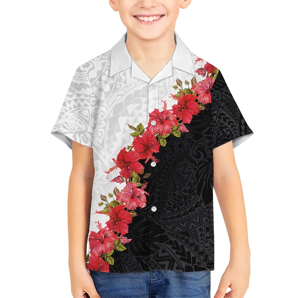 Hawaii Red Hibiscus Flowers Family Matching Short Sleeve Bodycon Dress and Hawaiian Shirt Polynesian Pattern With Half Black White Version