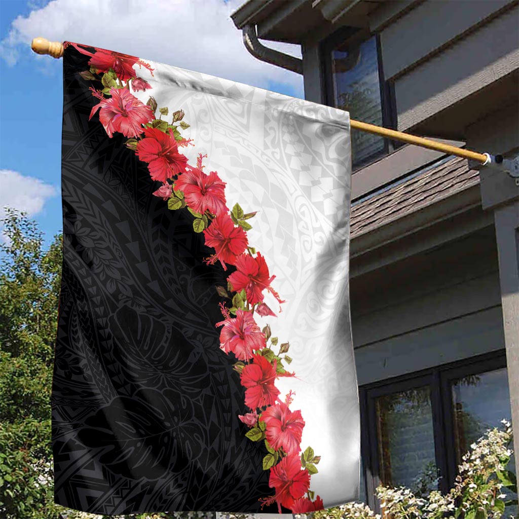 Hawaii Red Hibiscus Flowers Garden Flag Polynesian Pattern With Half Black White Version