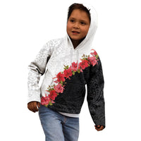 Hawaii Red Hibiscus Flowers Kid Hoodie Polynesian Pattern With Half Black White Version