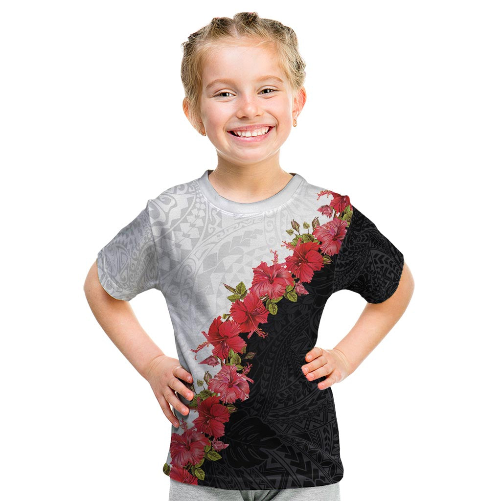 Hawaii Red Hibiscus Flowers Kid T Shirt Polynesian Pattern With Half Black White Version LT03 Black - Polynesian Pride