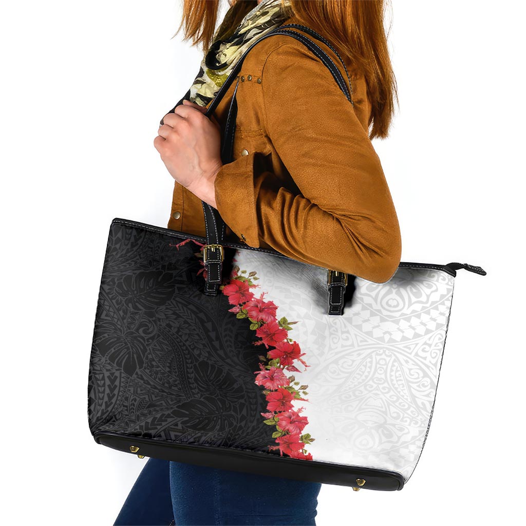 Hawaii Red Hibiscus Flowers Leather Tote Bag Polynesian Pattern With Half Black White Version LT03 Black - Polynesian Pride