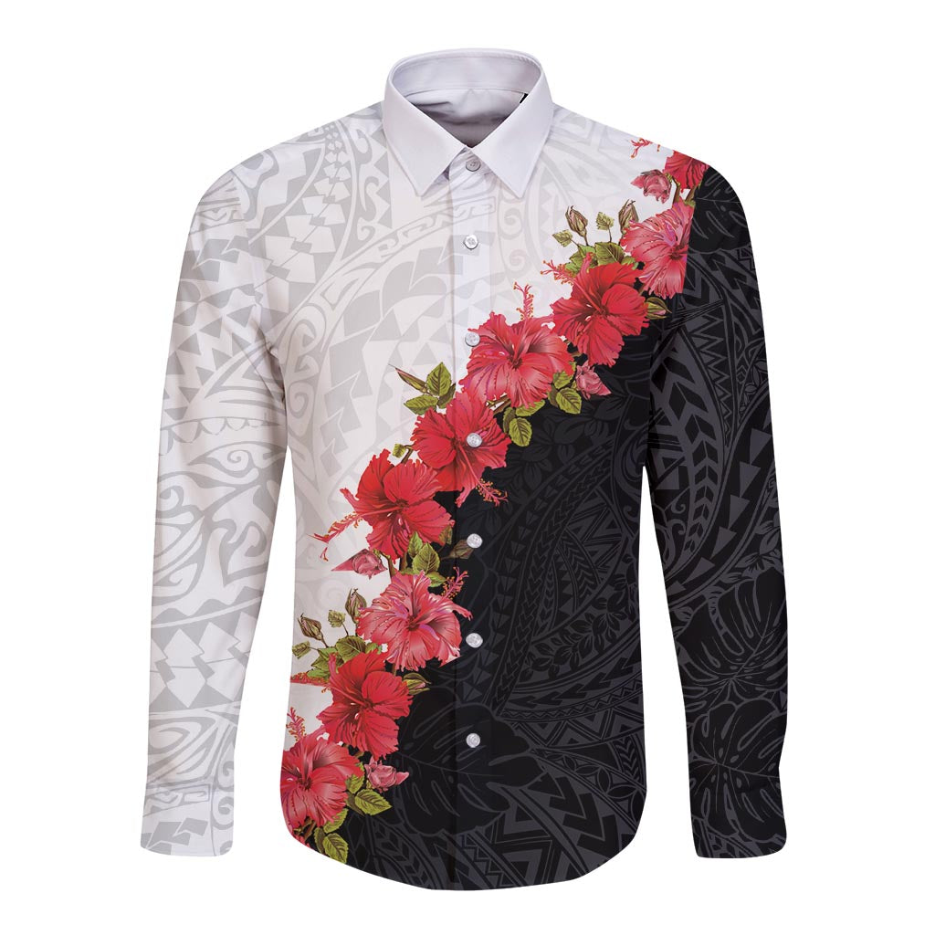 Hawaii Red Hibiscus Flowers Long Sleeve Button Shirt Polynesian Pattern With Half Black White Version