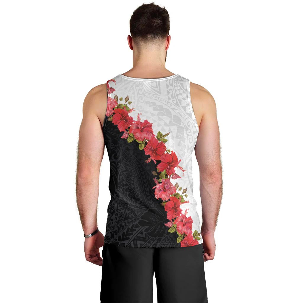Hawaii Red Hibiscus Flowers Men Tank Top Polynesian Pattern With Half Black White Version