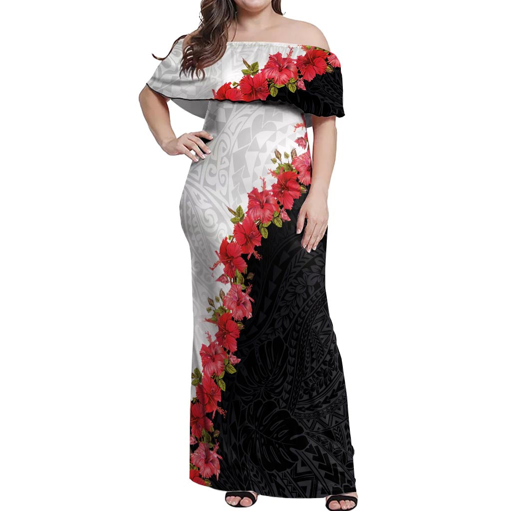 Hawaii Red Hibiscus Flowers Off Shoulder Maxi Dress Polynesian Pattern With Half Black White Version