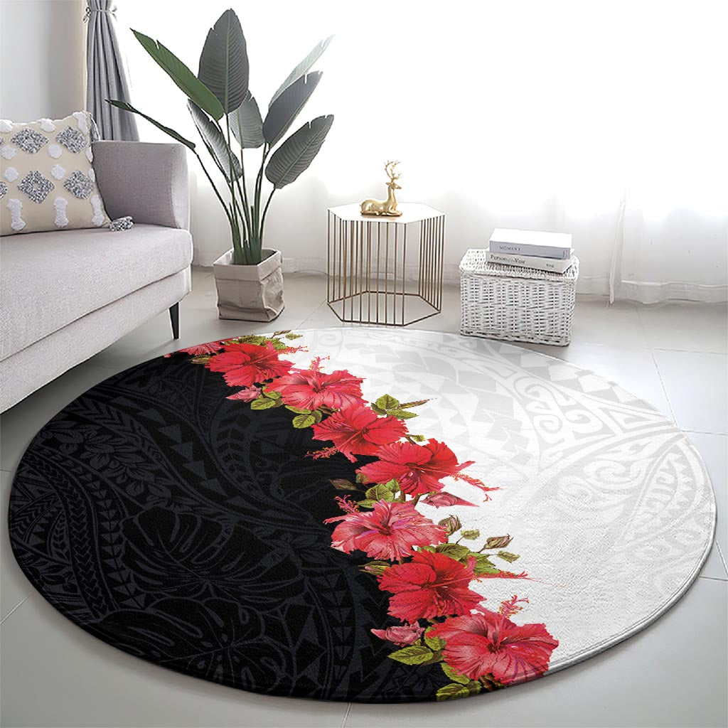 Hawaii Red Hibiscus Flowers Round Carpet Polynesian Pattern With Half Black White Version