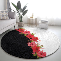 Hawaii Red Hibiscus Flowers Round Carpet Polynesian Pattern With Half Black White Version