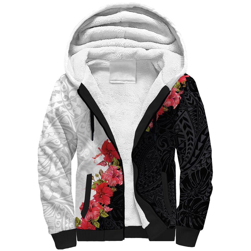 Hawaii Red Hibiscus Flowers Sherpa Hoodie Polynesian Pattern With Half Black White Version