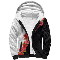 Hawaii Red Hibiscus Flowers Sherpa Hoodie Polynesian Pattern With Half Black White Version