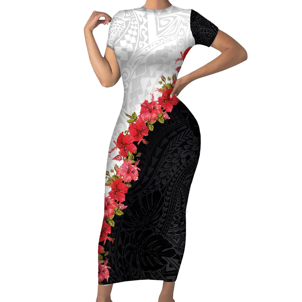 Hawaii Red Hibiscus Flowers Short Sleeve Bodycon Dress Polynesian Pattern With Half Black White Version