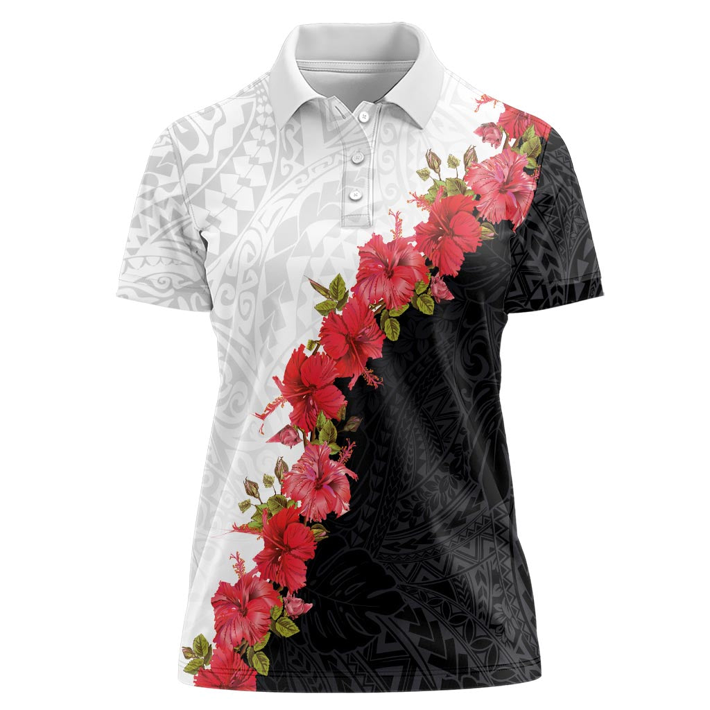 Hawaii Red Hibiscus Flowers Women Polo Shirt Polynesian Pattern With Half Black White Version