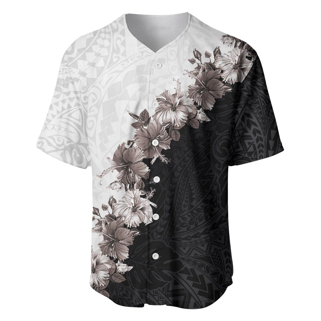 Hawaii Grayscale Hibiscus Flowers Baseball Jersey Polynesian Pattern With Half Black White Version LT03 Black - Polynesian Pride