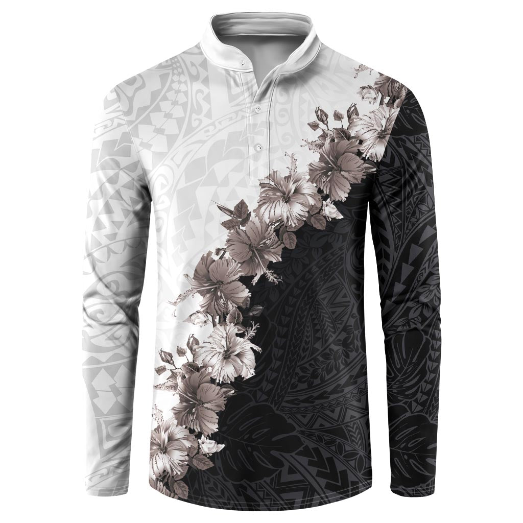 Hawaii Grayscale Hibiscus Flowers Button Sweatshirt Polynesian Pattern With Half Black White Version