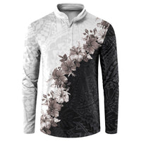 Hawaii Grayscale Hibiscus Flowers Button Sweatshirt Polynesian Pattern With Half Black White Version