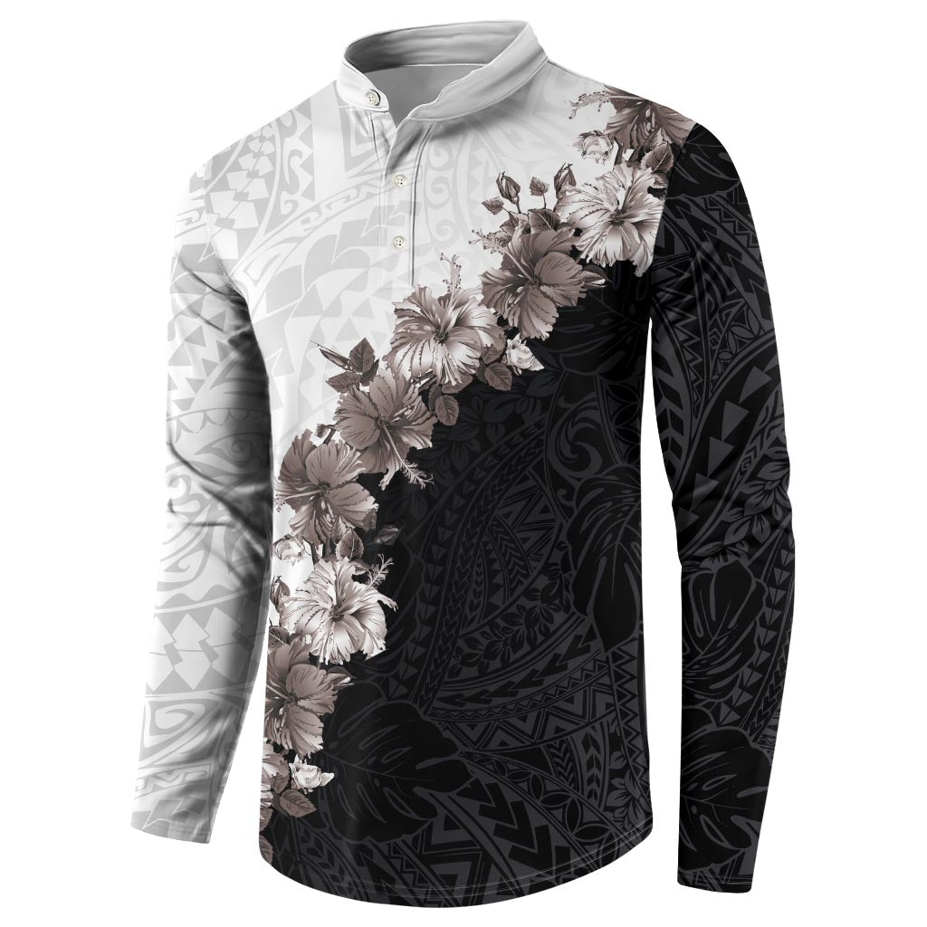Hawaii Grayscale Hibiscus Flowers Button Sweatshirt Polynesian Pattern With Half Black White Version