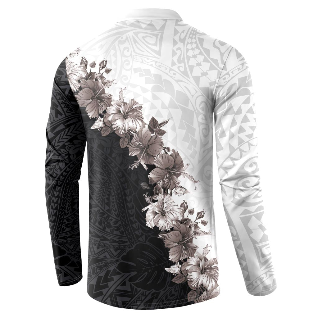Hawaii Grayscale Hibiscus Flowers Button Sweatshirt Polynesian Pattern With Half Black White Version