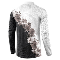 Hawaii Grayscale Hibiscus Flowers Button Sweatshirt Polynesian Pattern With Half Black White Version