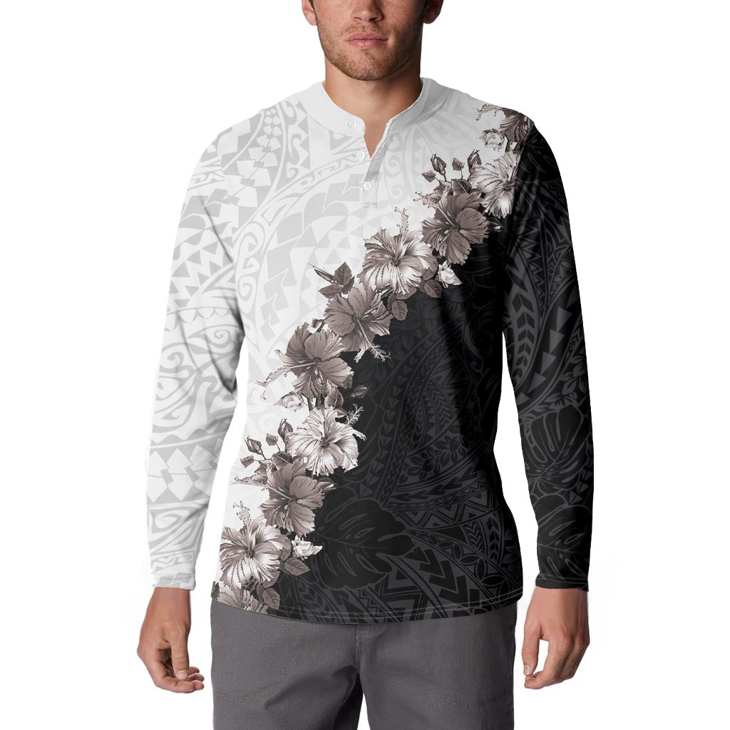 Hawaii Grayscale Hibiscus Flowers Button Sweatshirt Polynesian Pattern With Half Black White Version