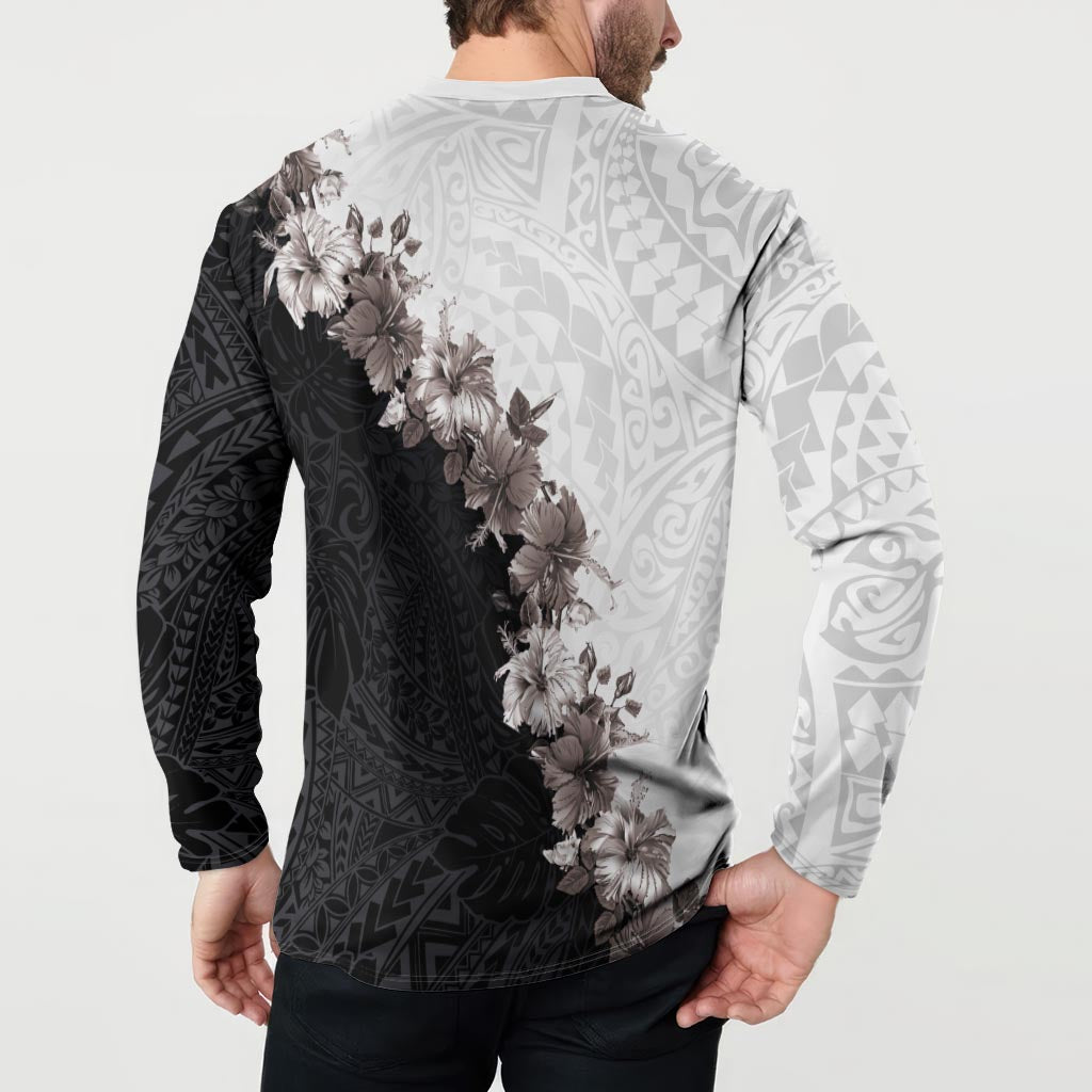 Hawaii Grayscale Hibiscus Flowers Button Sweatshirt Polynesian Pattern With Half Black White Version