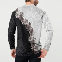 Hawaii Grayscale Hibiscus Flowers Button Sweatshirt Polynesian Pattern With Half Black White Version