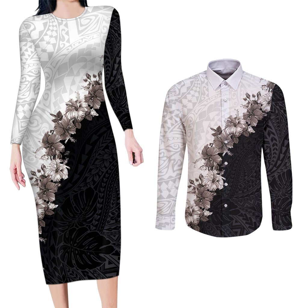 Hawaii Grayscale Hibiscus Flowers Couples Matching Long Sleeve Bodycon Dress and Long Sleeve Button Shirt Polynesian Pattern With Half Black White Version