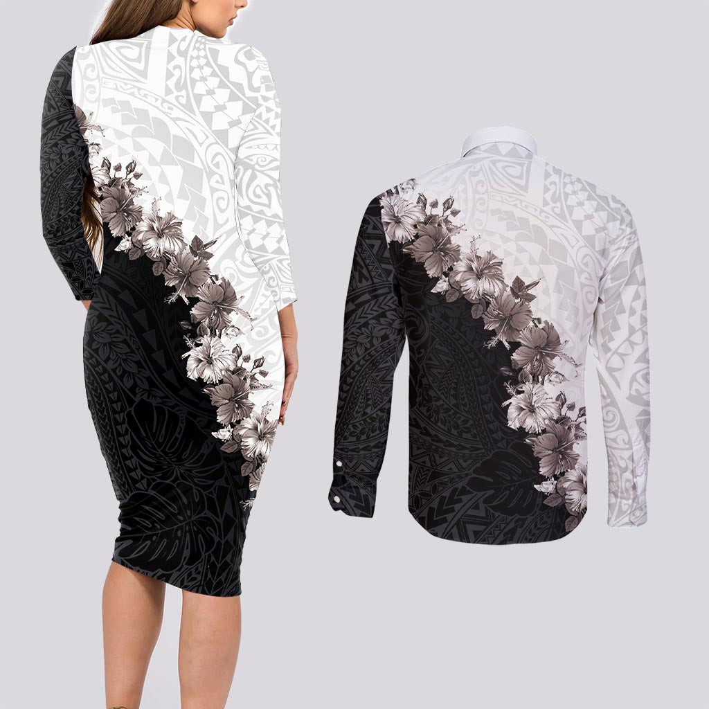 Hawaii Grayscale Hibiscus Flowers Couples Matching Long Sleeve Bodycon Dress and Long Sleeve Button Shirt Polynesian Pattern With Half Black White Version